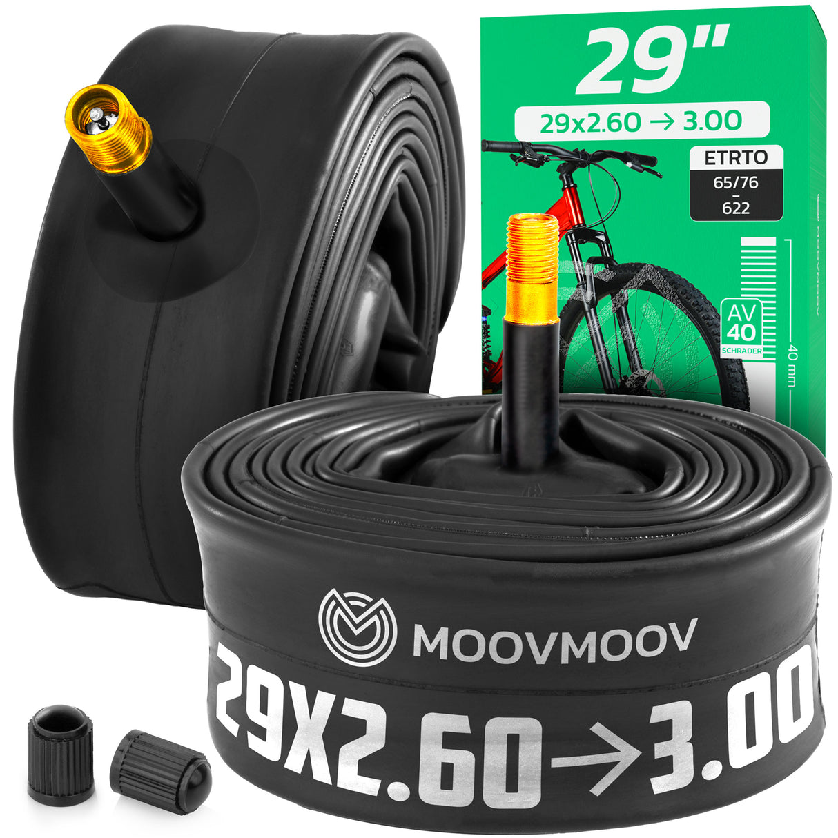 Lot de 2 chambres à air MoovMoov 29 pouces pour pneus 29x2.60 à 29x3.00, valve Schrader 40 mm