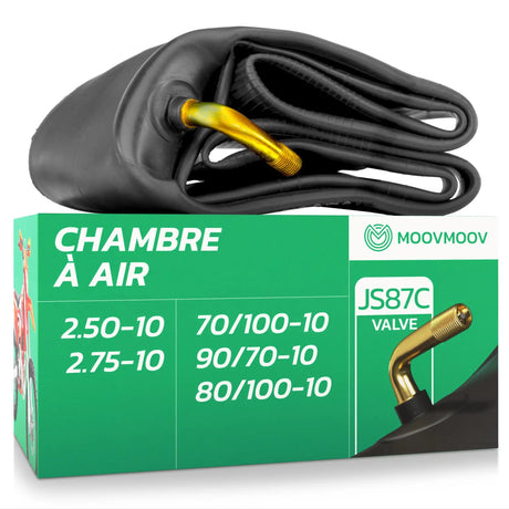 Chambre à air moto 10 pouces MoovMoov pour pneus 2.50-10, 2.75-10, 70/100-10, 80/100-10 et 90/70-10, valve coudée JS87C