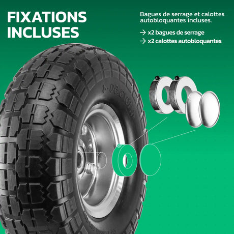 Roues increvables 4.10/3.50-4 jante acier avec fixations et bagues de serrage MoovMoov